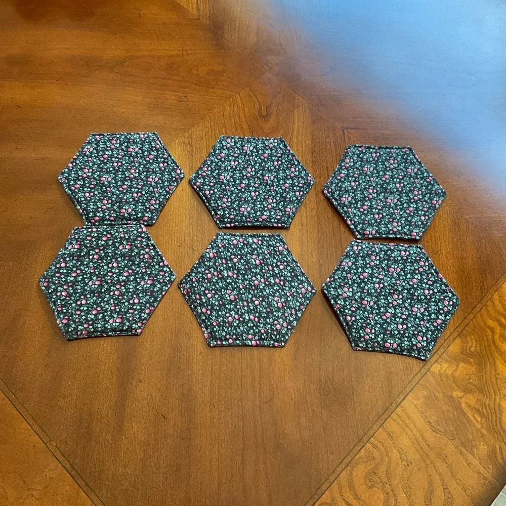 Hand Quilted Floral Hexagon Coasters Two Sided Designs, Set of Six, GORGEOUS NEW